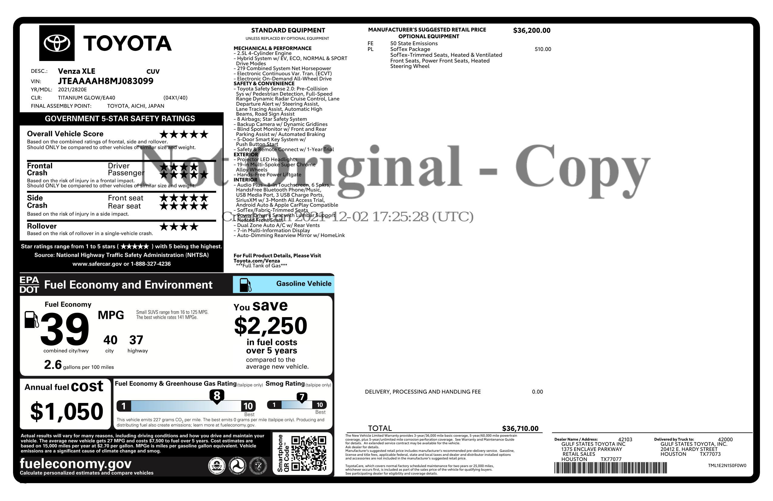 Used 2021 Toyota Venza XLE w/ Softex Package AWD/4WD image 3