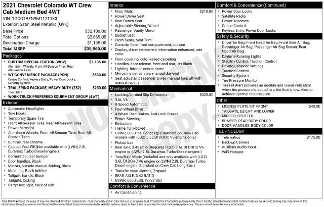 Used 2021 Chevrolet Colorado W/T w/ Custom Special Edition AWD/4WD image 33