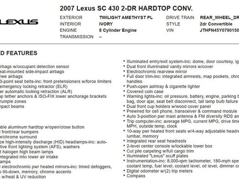 Used 2007 Lexus SC 430 Convertible RWD image 16