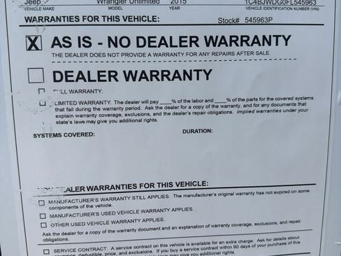 Used 2015 Jeep Wrangler Unlimited Sport w/ Quick Order Package 24S AWD/4WD image 27