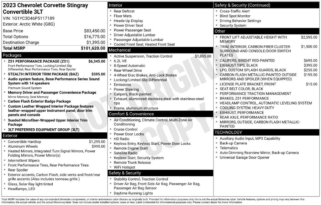 Used 2023 Chevrolet Corvette Stingray Premium Conv w/ Z51 Performance Package RWD image 33