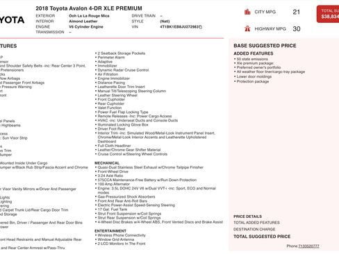 Used 2018 Toyota Avalon XLE Premium w/ Protection Package image 5