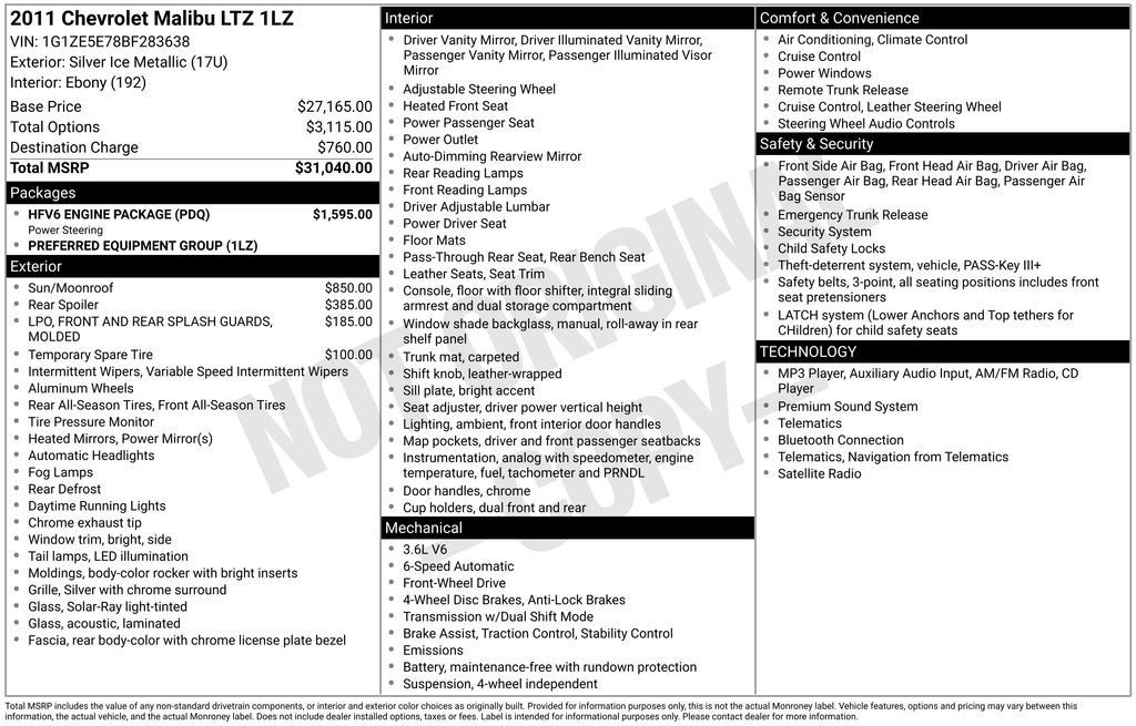 Used 2011 Chevrolet Malibu LTZ w/ HFV6 Engine Package FWD image 5