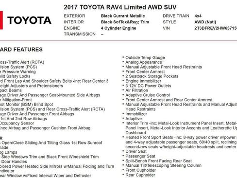 Used 2017 Toyota RAV4 Limited w/ All Weather Liner Package AWD/4WD image 18