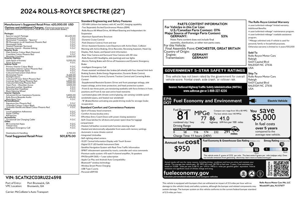 Certified 2024 Rolls-Royce Spectre w/ Spectre Launch Package AWD/4WD image 2