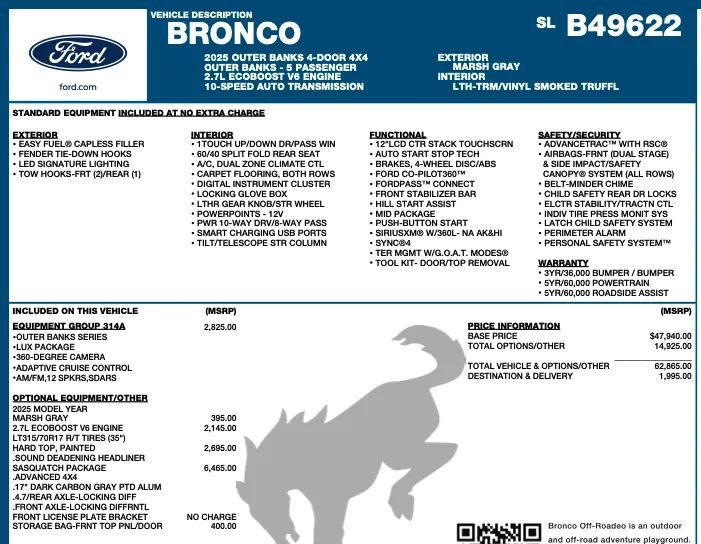 Used 2025 Ford Bronco Outer Banks w/ Sasquatch Package AWD/4WD image 2