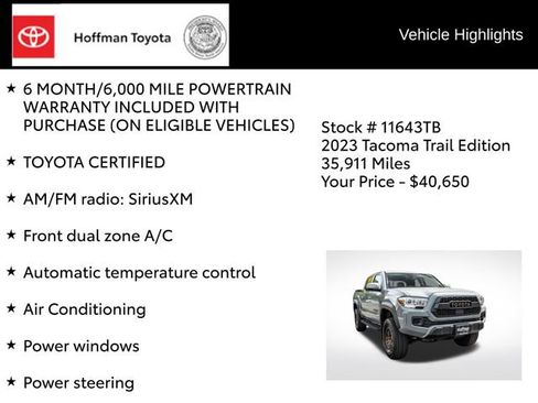 Certified 2023 Toyota Tacoma 4x4 Double Cab w/ Trail Edition image 8