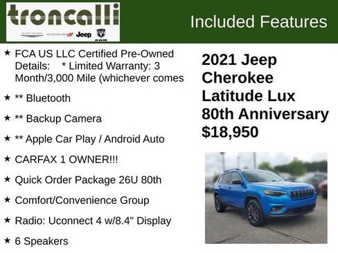 Certified 2021 Jeep Cherokee Latitude Lux 80th Anniv w/ Quick Order Package 26U 80TH FWD image 5