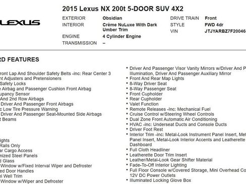 Used 2015 Lexus NX 200t FWD w/ Premium Package image 17