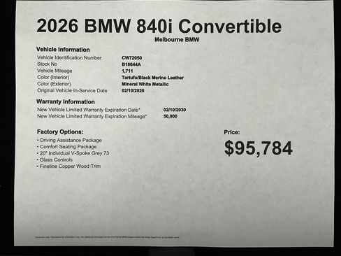 Used 2026 BMW 840i Convertible w/ Comfort Seating Package RWD image 36