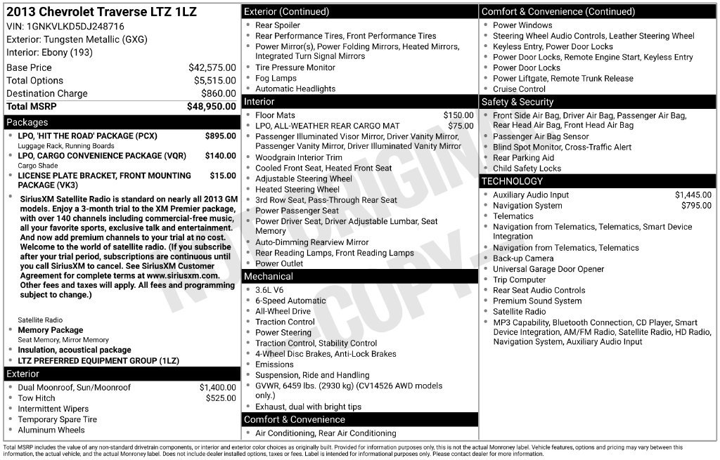 Used 2013 Chevrolet Traverse LTZ w/ LPO, 'HIT The Road' Package AWD/4WD image 2