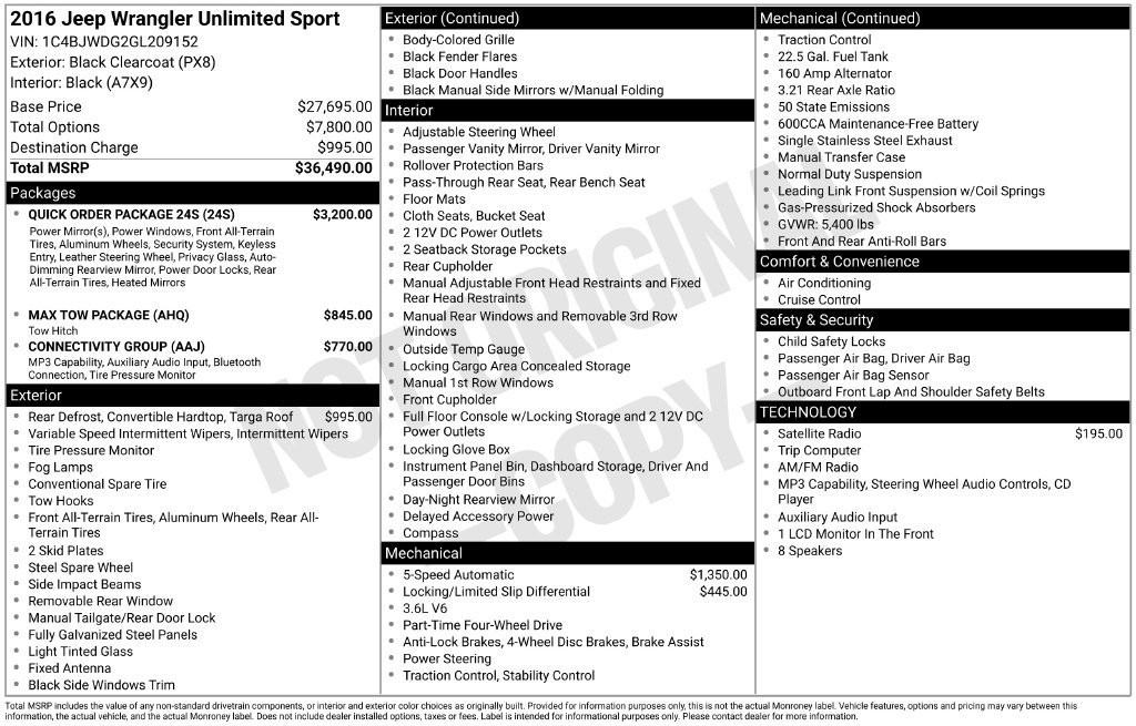 Used 2016 Jeep Wrangler Unlimited Sport w/ Quick Order Package 24S AWD/4WD image 38