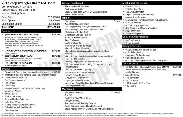 Used 2017 Jeep Wrangler Unlimited Sport w/ Quick Order Package 24S AWD/4WD image 26