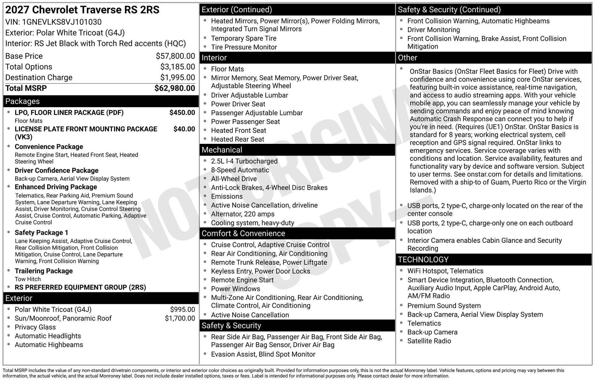 New 2027 Chevrolet Traverse RS w/ LPO, Floor Liner Package AWD/4WD image 3