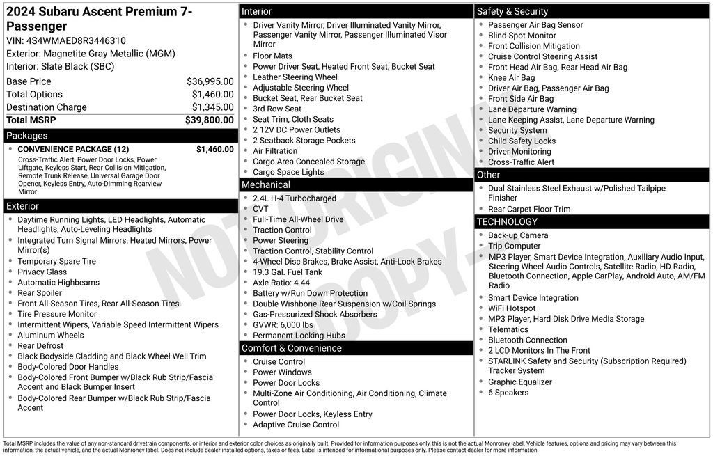 Used 2024 Subaru Ascent Premium w/ Convenience Package AWD/4WD image 2