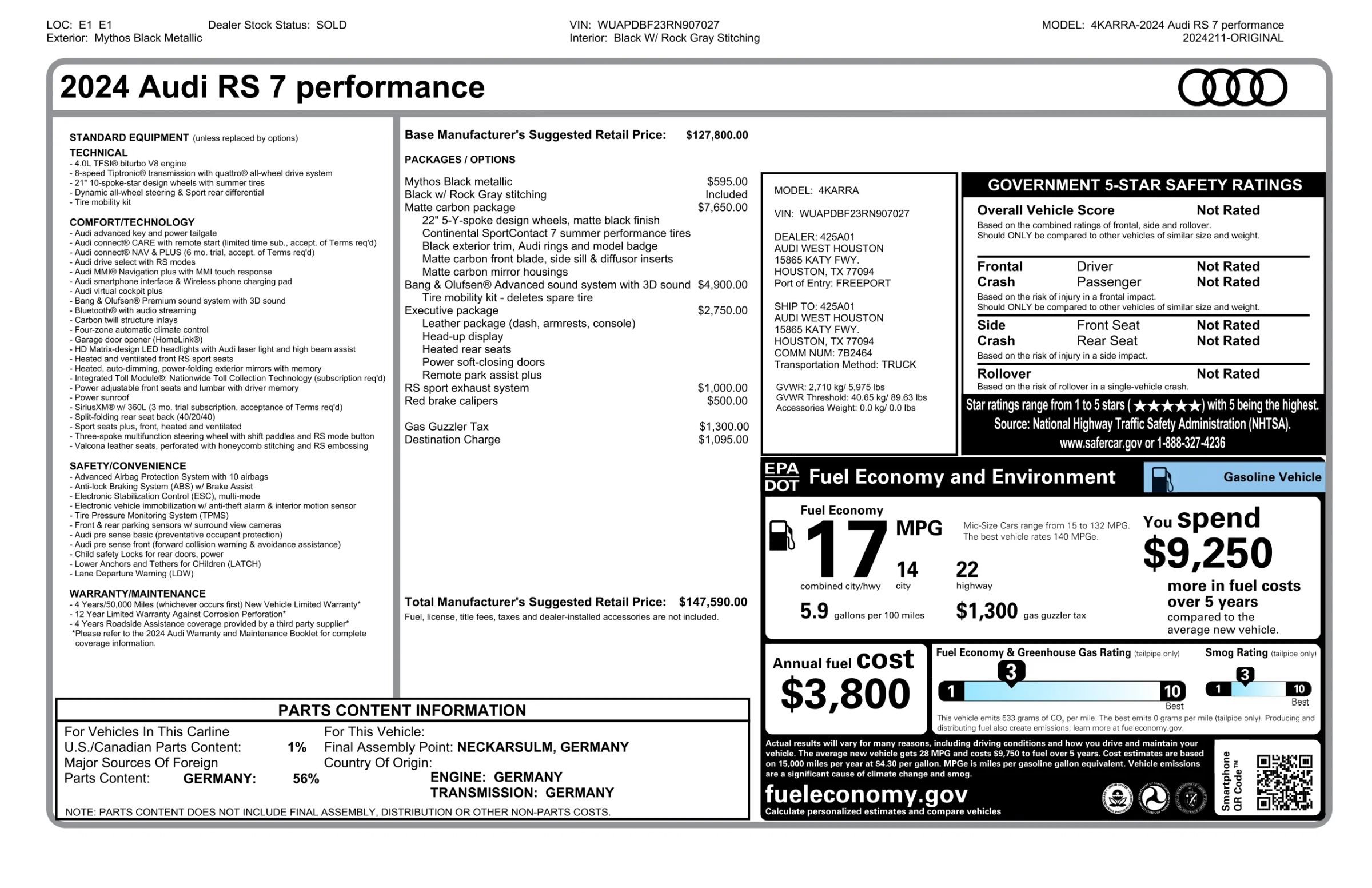 Used 2024 Audi RS 7 Performance w/ Matte Carbon Package AWD/4WD image 59