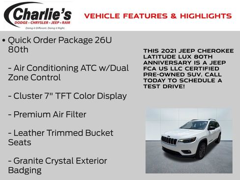 Certified 2021 Jeep Cherokee Latitude Lux 80th Anniv w/ Quick Order Package 26U 80TH AWD/4WD image 13