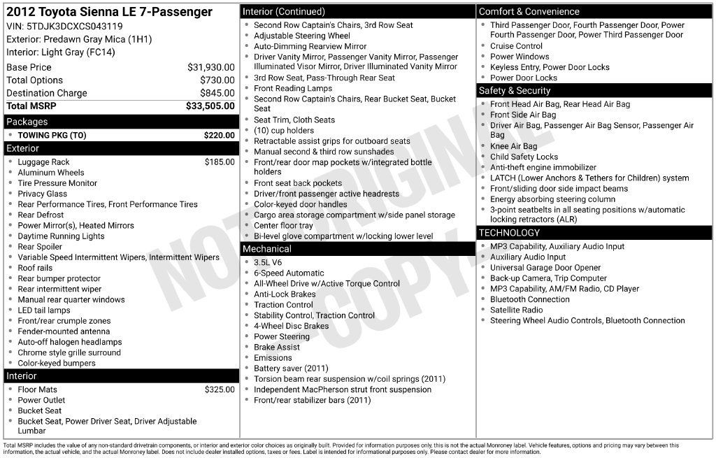 Used 2012 Toyota Sienna LE w/ Towing Pkg AWD/4WD image 33