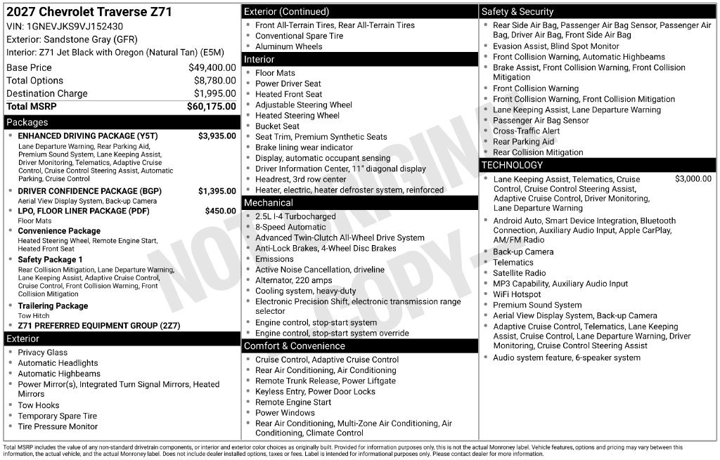 New 2027 Chevrolet Traverse Z71 w/ Enhanced Driving Package AWD/4WD image 11