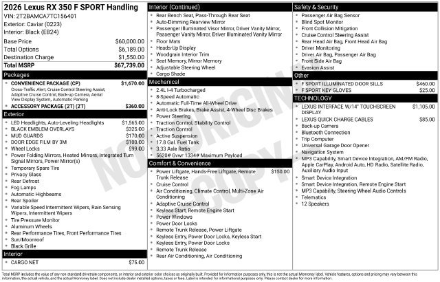 New 2026 Lexus RX 350 F Sport w/ Convenience Package AWD/4WD image 1