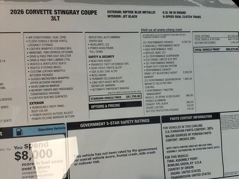 New 2026 Chevrolet Corvette Stingray Premium Cpe w/ Z51 Performance Package RWD image 32