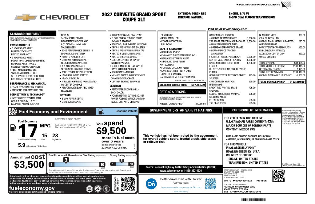 New 2027 Chevrolet Corvette Grand Sport w/ Z52 Sport Performance Package RWD image 4