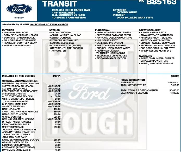 Used 2023 Ford Transit 350 148 High Roof Extended DRW w/ Upfitter Package RWD image 2