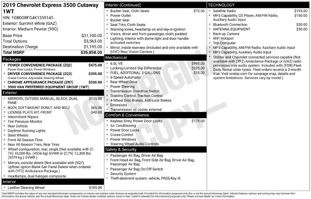 Used 2019 Chevrolet Express 3500 w/ Power Convenience Package RWD image 40