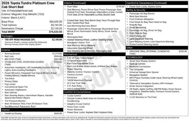New 2026 Toyota Tundra Platinum w/ TRD Off-Road Package AWD/4WD image 6