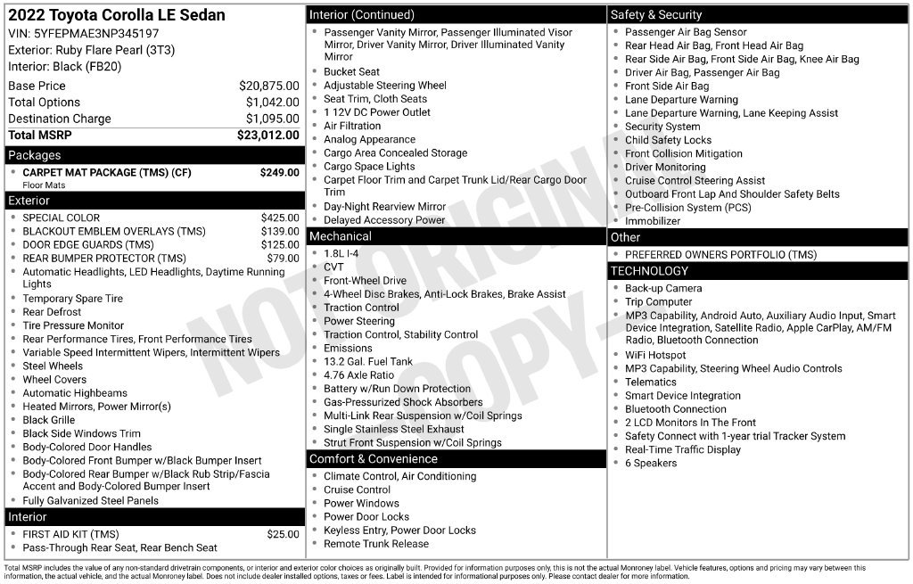 Certified 2022 Toyota Corolla LE w/ Carpet Mat Package (TMS) FWD image 33