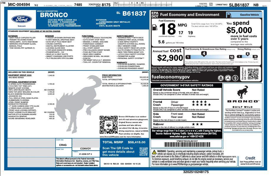 Used 2025 Ford Bronco Big Bend w/ Black Diamond Package AWD/4WD image 2
