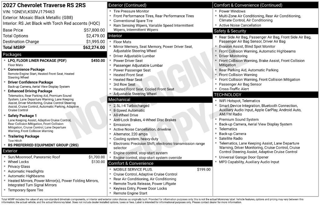 New 2027 Chevrolet Traverse RS w/ LPO, Floor Liner Package AWD/4WD image 11