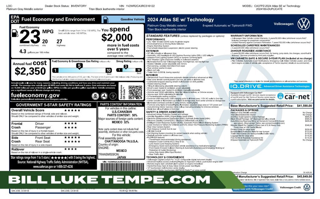 Used 2024 Volkswagen Atlas SE w/ Black Wheel Package FWD image 1