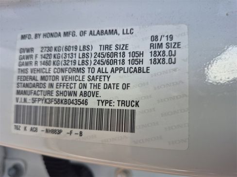 Certified 2019 Honda Ridgeline RTL image 26
