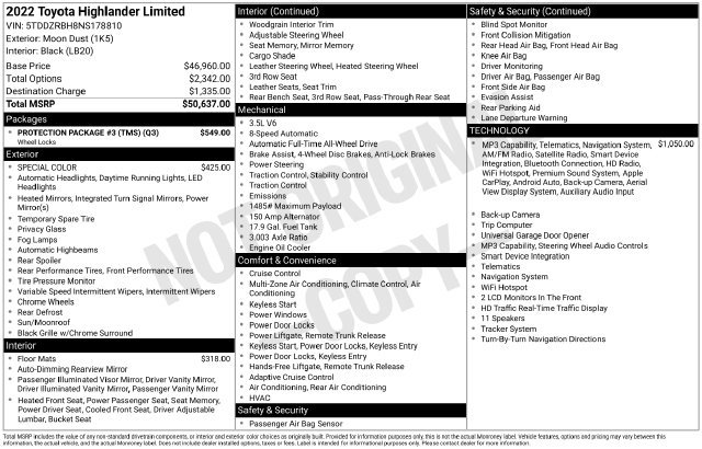 Used 2022 Toyota Highlander Limited w/ Protection Package #3 (TMS) AWD/4WD image 42