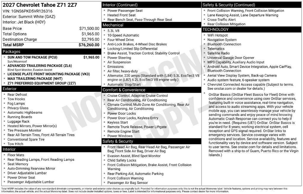 New 2027 Chevrolet Tahoe Z71 w/ Sun And Tow Package AWD/4WD image 3