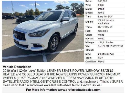 Used 2020 INFINITI QX60 Luxe w/ Essential Package image 2