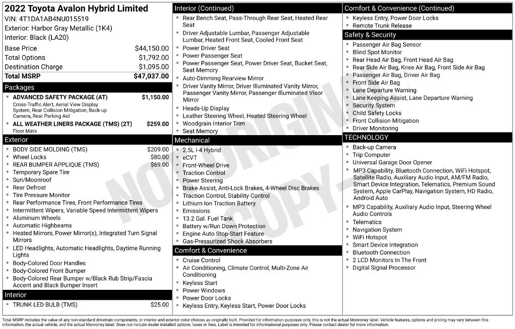 Used 2022 Toyota Avalon Limited w/ Advanced Safety Package FWD image 34