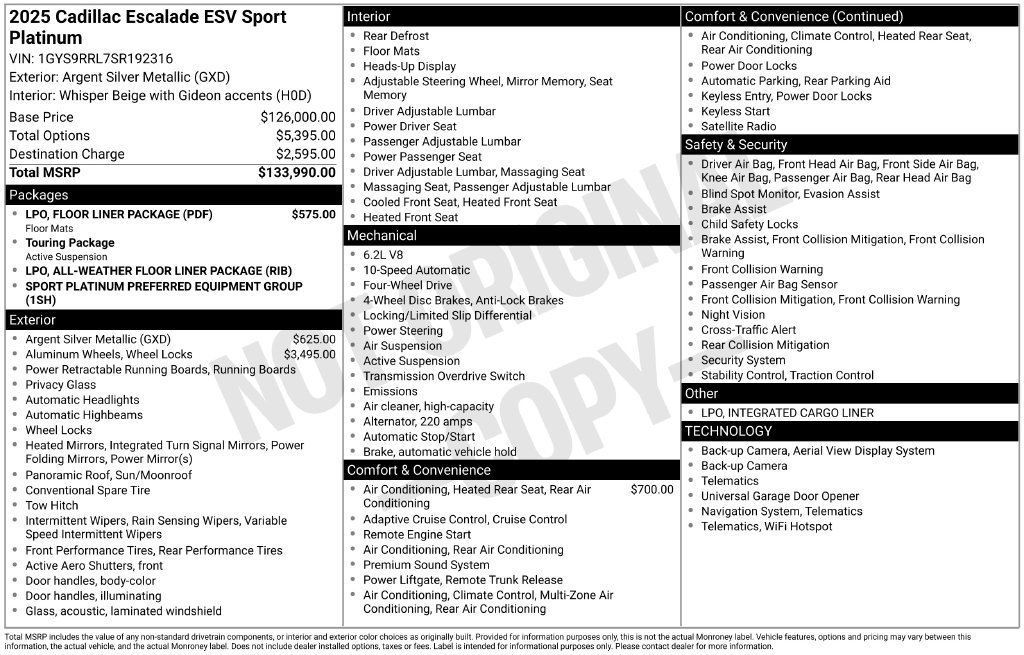Used 2025 Cadillac Escalade ESV Sport Platinum w/ LPO, Floor Liner Package AWD/4WD image 40