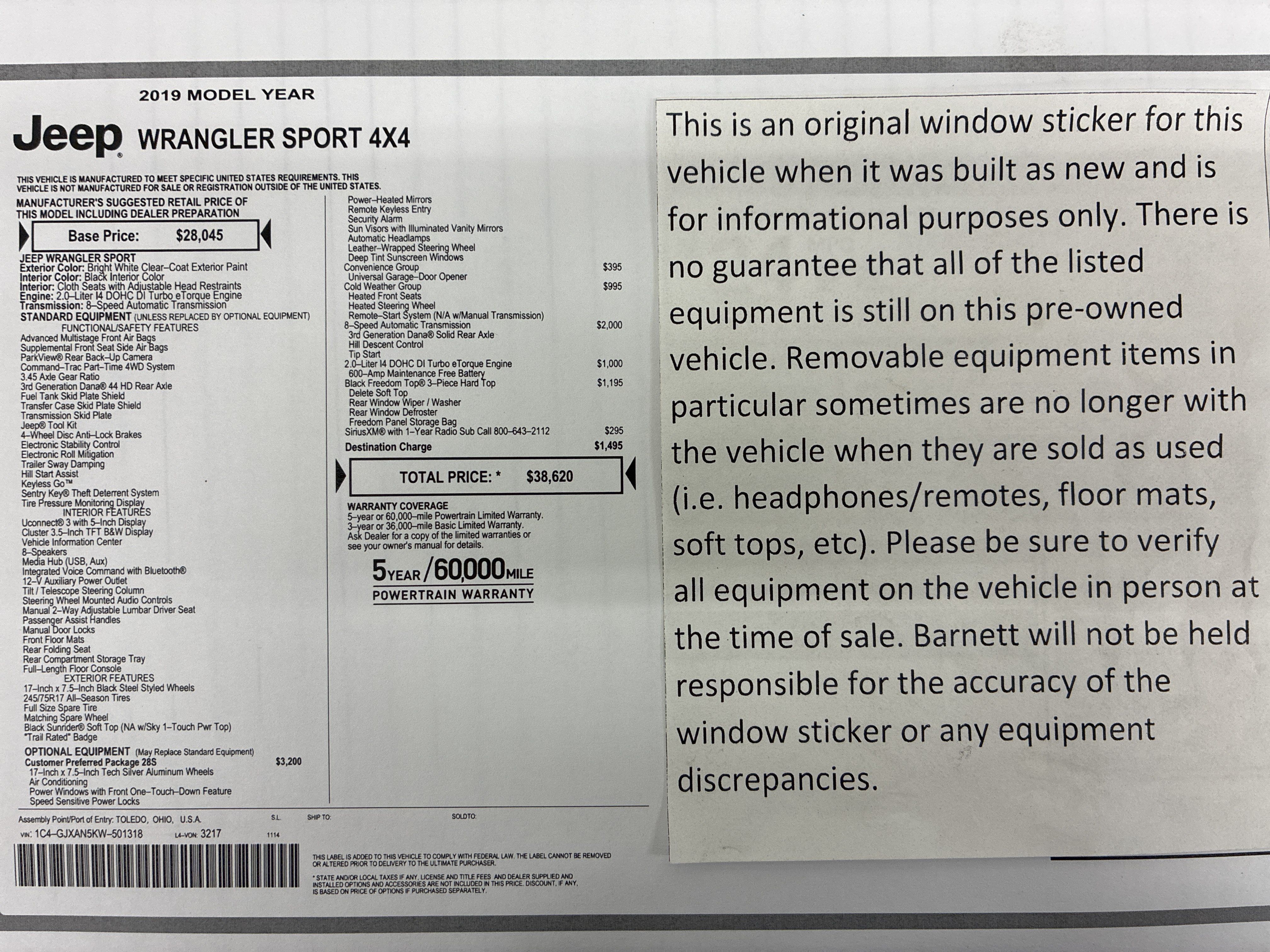 Used 2019 Jeep Wrangler Sport AWD/4WD image 2