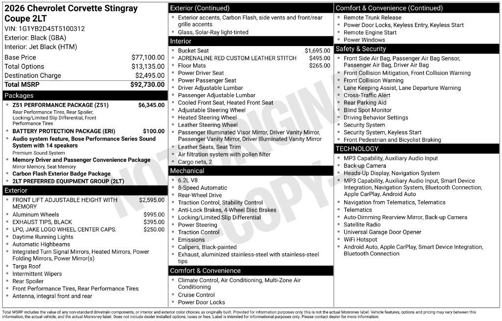 Used 2026 Chevrolet Corvette Stingray Preferred Cpe w/ Z51 Performance Package RWD image 17