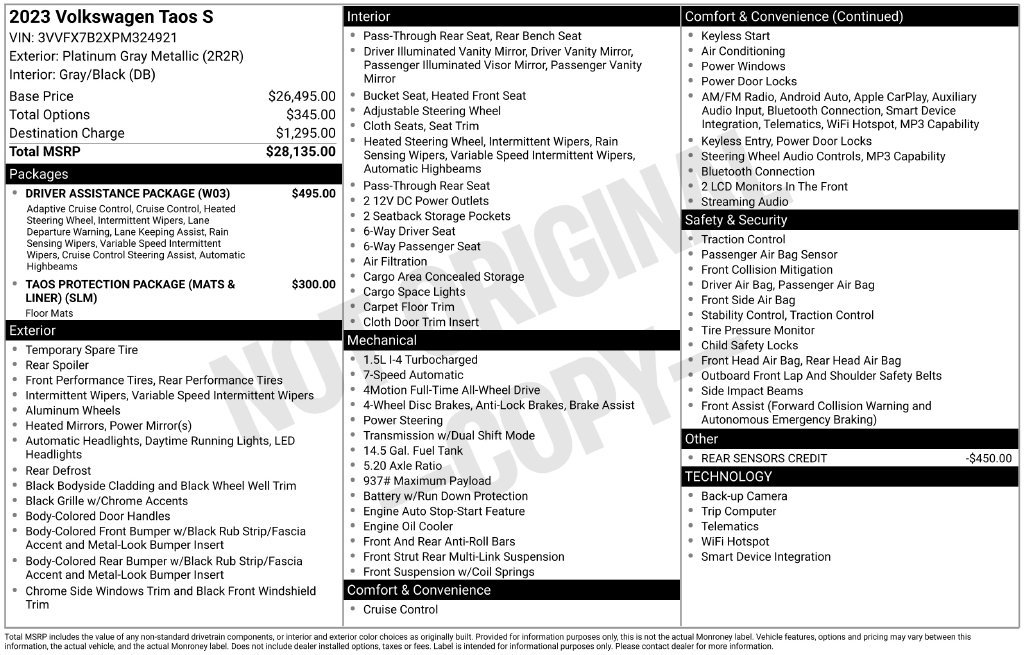 Used 2023 Volkswagen Taos S w/ Driver Assistance Package AWD/4WD image 6