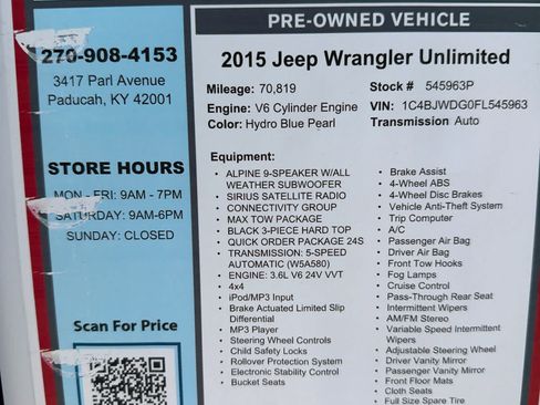 Used 2015 Jeep Wrangler Unlimited Sport w/ Quick Order Package 24S AWD/4WD image 26