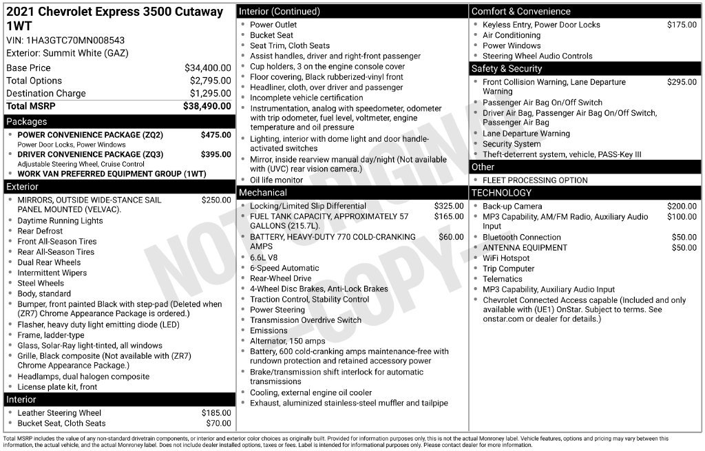 Used 2021 Chevrolet Express 3500 w/ Power Convenience Package RWD image 8