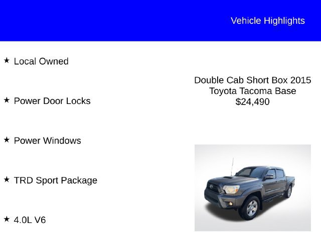 Used 2015 Toyota Tacoma 4x4 Double Cab w/ TRD Sport Package image 2