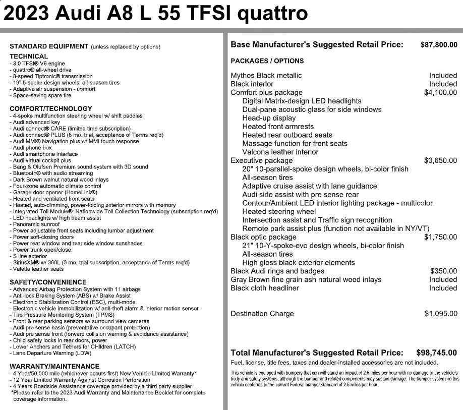 Used 2023 Audi A8 L 3.0T w/ Comfort Plus Package AWD/4WD image 3