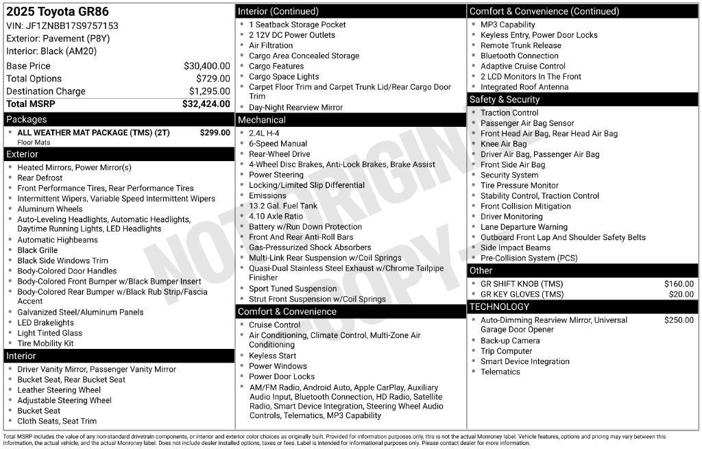Used 2025 Toyota GR86 w/ ALL Weather Mat Package (TMS) RWD image 3