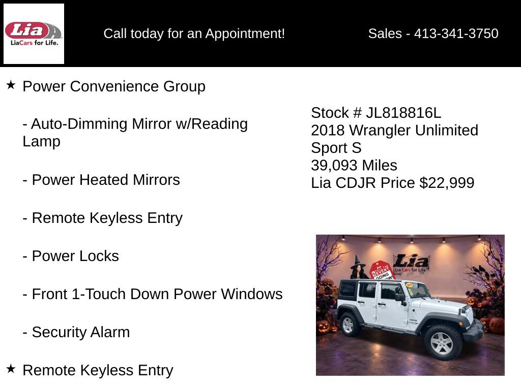 Certified 2018 Jeep Wrangler Unlimited Sport S AWD/4WD image 16