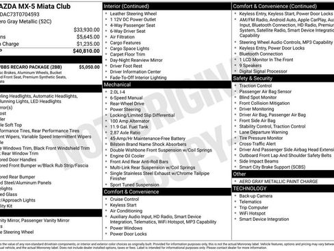 New 2026 MAZDA MX-5 Miata Club w/ Brembo/BBS Recaro Package RWD image 3