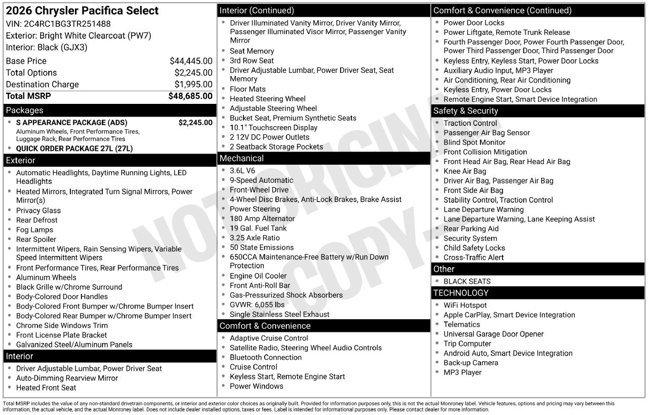 New 2026 Chrysler Pacifica Select w/ S Appearance Package FWD image 30
